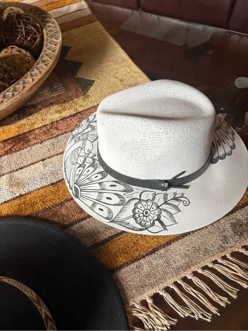 Women’s Black felt Hat with Beaded Band and Women’s White Straw hand Painted Hat